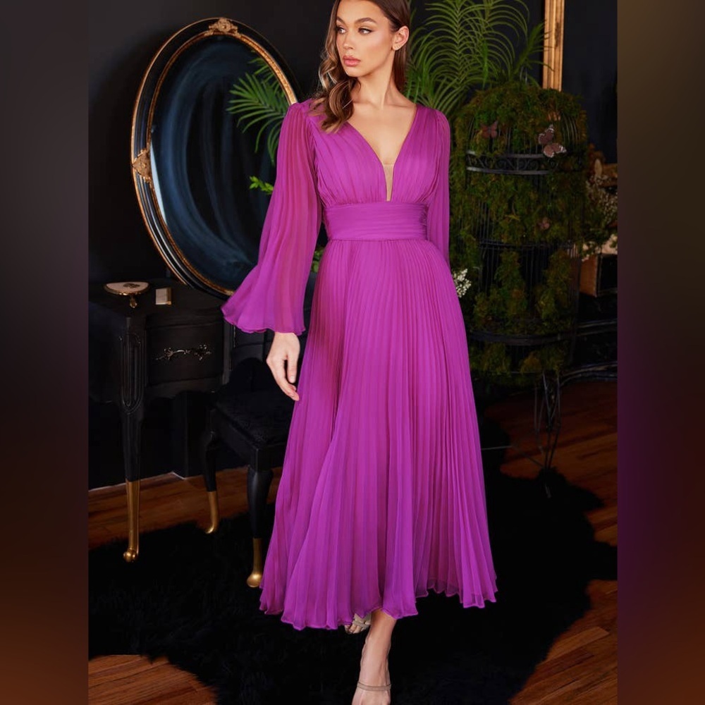 Vibrant Magenta Pleated V-Neck Midi Dress